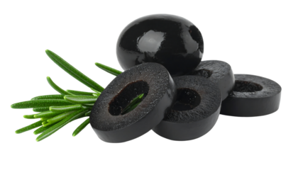 Black olives, some sliced, arranged with a sprig of rosemary, presented on a plain white background