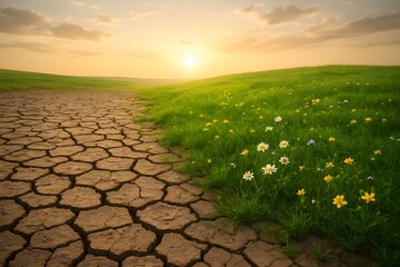 Cracked Earth Turning into Blooming Greenery