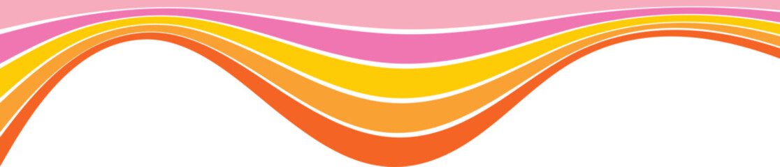 Rainbow lines header for retro banner. Groovy abstract 70s curved border for poster. Swirl playful orange and pink stripe. Dynamic divider and separator shape