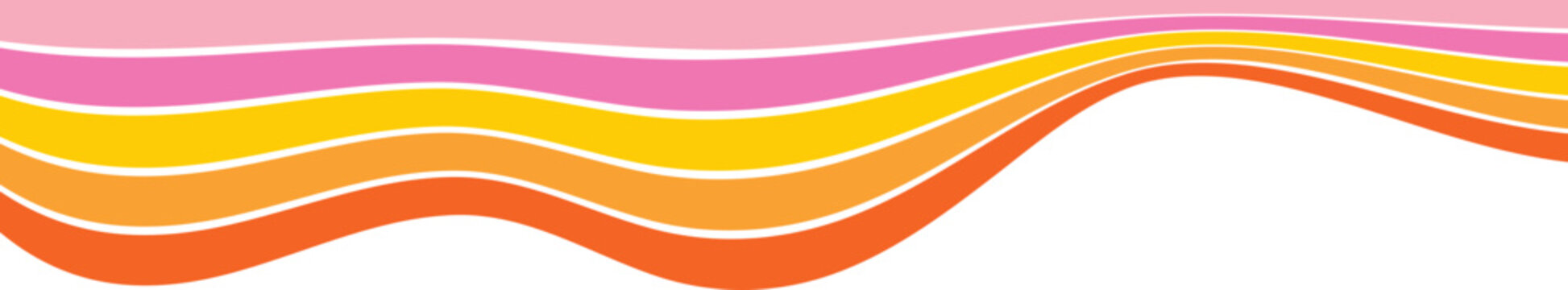 Rainbow lines header for retro banner. Groovy abstract 70s curved border for poster. Swirl playful orange and pink stripe. Dynamic divider and separator shape