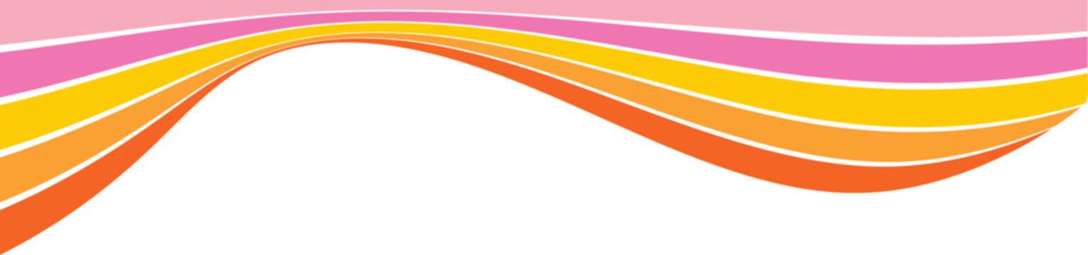 Rainbow lines header for retro banner. Groovy abstract 70s curved border for poster. Swirl playful orange and pink stripe. Dynamic divider and separator shape
