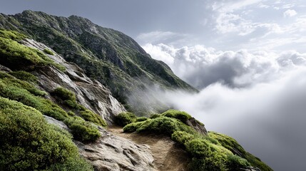 Majestic waterfalls cascade down rocky cliffs in a lush mountain landscape, a breathtaking scene of nature's beauty