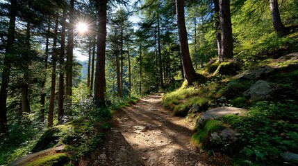 Obraz premium A winding dirt path leads through the vibrant green summer forest