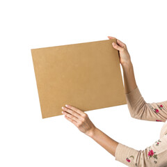 Woman holding a blank cardboard sign isolated on transparent background