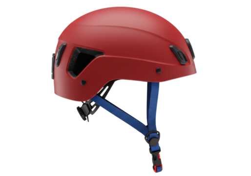 Isolated red climbing helmet with blue chinstrap for outdoor adventure on a plain surface