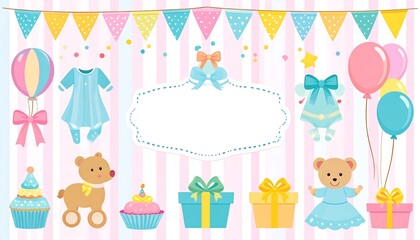A festive, illustrated banner featuring baby-themed decorations, including clothing, teddy bears, cupcakes, and balloons. The background is striped