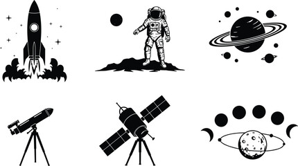 Space exploration silhouette, rocket launch, astronaut standing, planet with rings, telescope observation, satellite communication, planetary system, astronomy science, cosmic illustration, universe