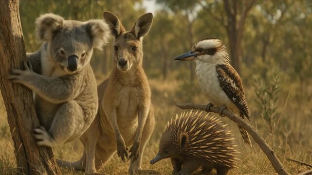 A wildlife video still showcasing a koala, kangaroo, kookaburra, and echidna in a natural setting. Eye-level angle captures the serene Australian fauna. Live desktop wallpaper.