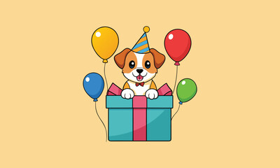 Happy Puppy with Balloons Cartoon Illustration