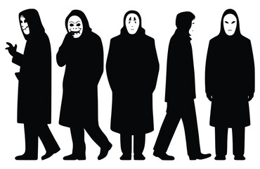 Figures of Mystery in Silhouette: A stark collection of figures, cloaked and masked, cast a shadow of enigma against a stark background, each pose revealing a layer of hidden identity and emotion.