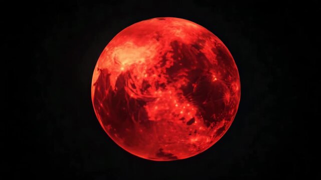 Blood red moon glowing in night sky