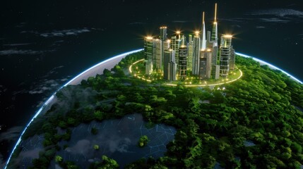 Futuristic Cityscape on a Lush Green Planet with Glowing Features and Stars Concept
