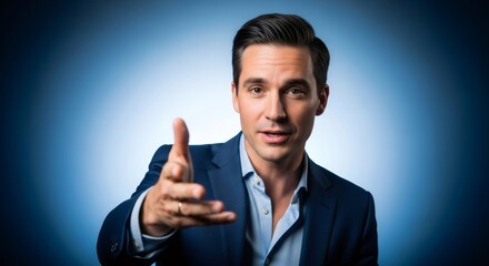 Male reporter or anchor reaching out to the viewer, expressing direct communication and engagement for broadcast news or interview.