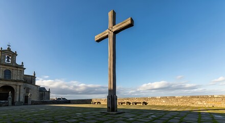 A large wooden cross stands in a courtyard with a church building in the background under blue skies