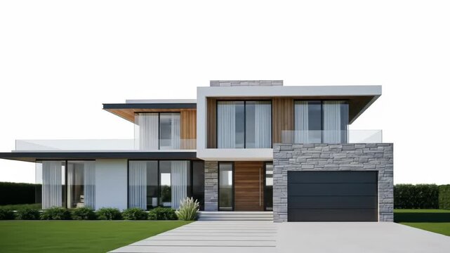 Modern house with stone accents, flat roof, large windows, and green lawn