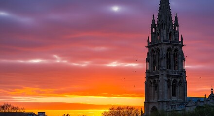Church tower silhouette against a vibrant sunset with birds flying around the structure at dusk hour