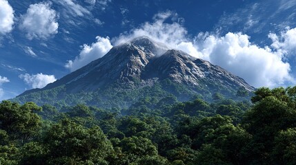 Fototapeta premium Majestic Mount Hood, Oregon, with its snowy peak towering over a green forest landscape under a summer sky of clouds