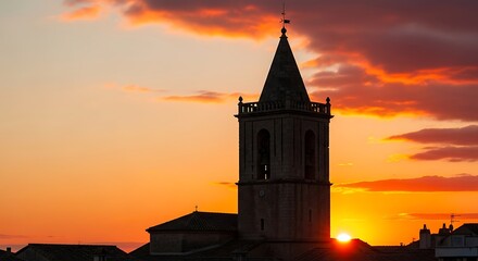 Church tower silhouette against a vibrant sunset sky with clouds and horizon glow view scene at dusk