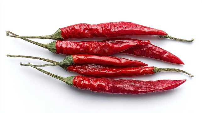 Cinque peperoncini rossi lunghi e sottili disposti orizzontalmente su uno sfondo bianco trasparente