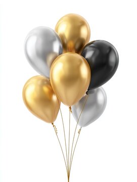 Palloncini metallici di diversi colori: oro, argento e nero,  gonfiati e legati insieme da fili dorati, formando un elegante mazzo. Sfondo bianco trasparente