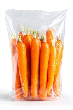 Sacchetto di plastica trasparente contenente carote biologiche e fresche, ben ordinate e disposte verticalmente all'interno. Sfondo trasparente