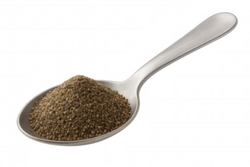 Spoon full of black pepper, ground spice ingredient for cooking and food seasoning on transparent background