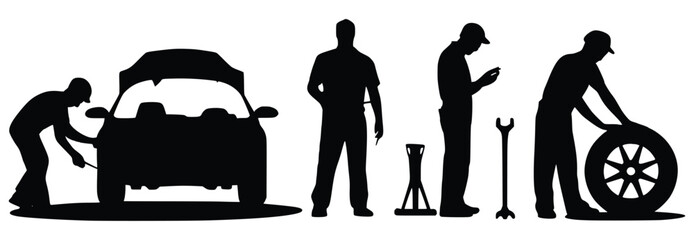 Automotive Service: A series of stylized silhouettes showcasing various aspects of automotive repair and maintenance