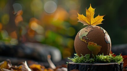 Vibrant Globe with Maple Leaf on Natural Base Surrounded by Colorful Autumn Foliage and Soft Background Light