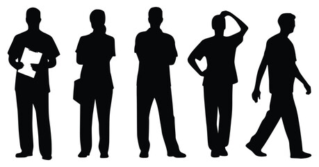 Silhouette of Individuals: The silhouette of five diverse individuals captures a variety of poses, reflecting different activities and moods against an undetailed backdrop. 