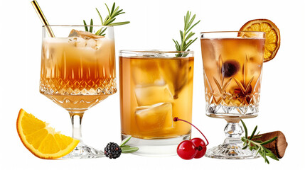 "A vibrant collection of five expertly crafted cocktails, garnished with fresh fruits, herbs, and elegant foam, offers a diverse and refreshing array of sophisticated drink options."