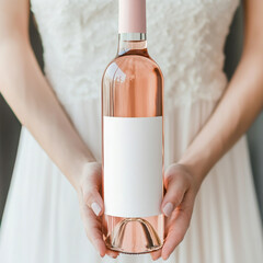 Rose wine bottle mockup held by bride with blank label for wedding or bridesmaid announcement.