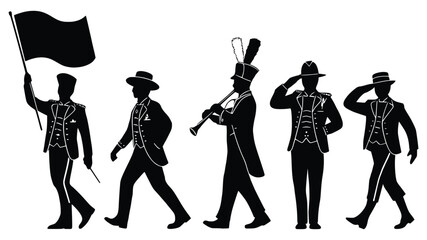 Marching Band Silhouette: Silhouetted figures in a marching band parade. A vivid representation of music, rhythm, and unison. Perfect for adding a touch of classic elegance to any project.