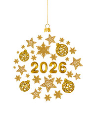 Christmas and New Year's composition in the shape of a golden ball on a Christmas tree made of decorative elements in the form of snowflakes, stars, balls, and the number 2026