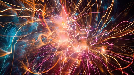 Abstract long exposure photo of colorful light trails resembling festive fireworks. Bright neon orange, pink and purple glowing lines create dynamic energy and holiday celebration mood.