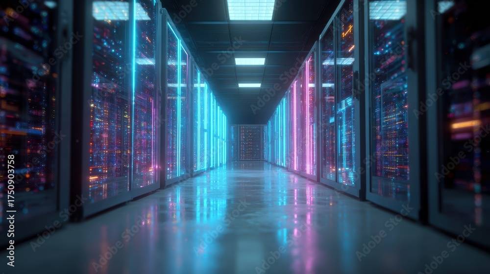 Wall mural Futuristic data center with glowing servers and digital data flow visualization