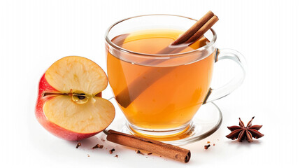 "A steaming mug of spiced apple cider, garnished with cinnamon sticks and apple slices, sits amidst fresh pine, apples, and star anise, evoking warm holiday cheer."