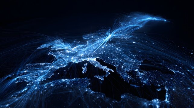 Global network of online stores visualized in blue light