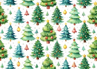 Fototapeta premium Whimsical watercolor pattern of assorted green Christmas trees with festive ornaments and snowflakes