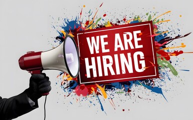 We are hiring megaphone announcement recruitment poster job opening vacancy career opportunity staff wanted now hiring loudspeaker red paint splash background modern marketing concept