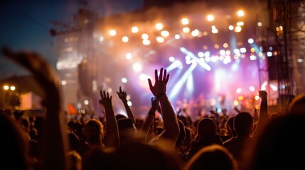 Young adults dancing with raised hands at outdoor summer music festival with colorful stage lights creating exciting nightlife atmosphere for entertainment celebration and live concert event.