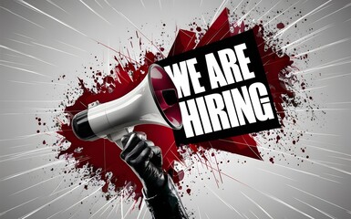 We are hiring megaphone announcement recruitment poster job opening vacancy career opportunity staff wanted now hiring loudspeaker red paint splash background modern marketing concept