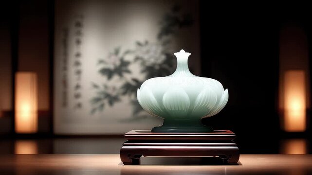 Elegant Celadon Jade Lotus-Shaped Vase Resting on an Antique Table