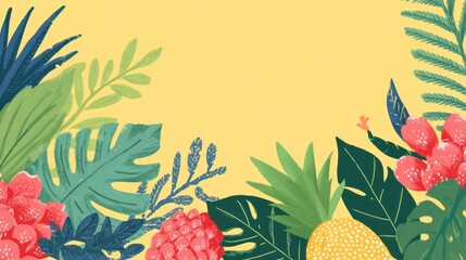 Tropical foliage frame with hibiscus blooms against a cheerful, sunny yellow background