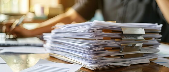 Large stack of paper documents and folders with binder clips on an office desk, with a blurred person typing on a laptop in the background. Concept of bureaucracy, workload, business administration.