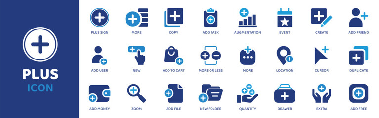 Obraz premium Modern collection of plus icons representing adding, new items, and expansion across various business and digital concepts, perfect for user interfaces and marketing materials