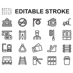 Train station icon set. Thin line style vectors. Contains icons such as rail way, bench, conductor and many more.
