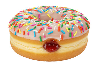 Isolated donut filled with jam, covered with pale pink icing and colorful sprinkles, treat