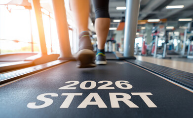 Close-up of legs walking on a treadmill with "2026 START" written on it, symbolizing new year resolutions and fitness goals.
