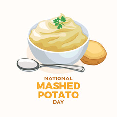 National Mashed Potato Day poster vector illustration. Bowl of mashed potatoes with a spoon vector. Template for background, banner, card. October 18. Important day