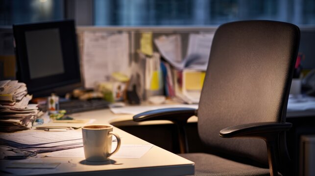 Empty office chair at abandoned desk with cold coffee cup and scattered documents representing workplace burnout and employee resignation, mental health wellness and job stress pressure concept.